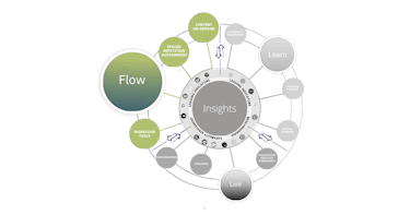 graphic showing the key elements of the accelerate flow accelerate sales performance improvement system component - spaced repetition technology, workflow tools, and on demand content