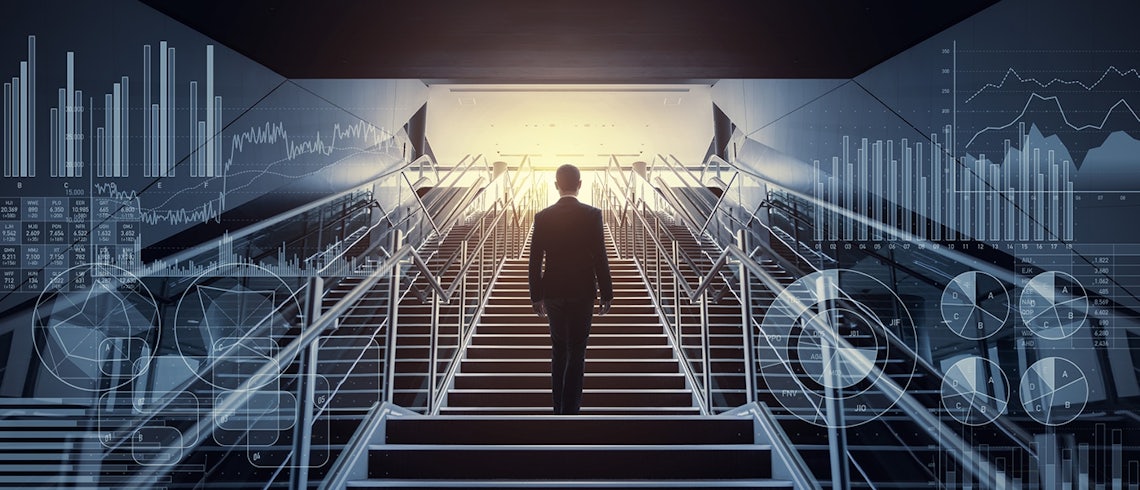 man walking up a stairwell as a metaphor for a sales person overcoming their sales challenges
