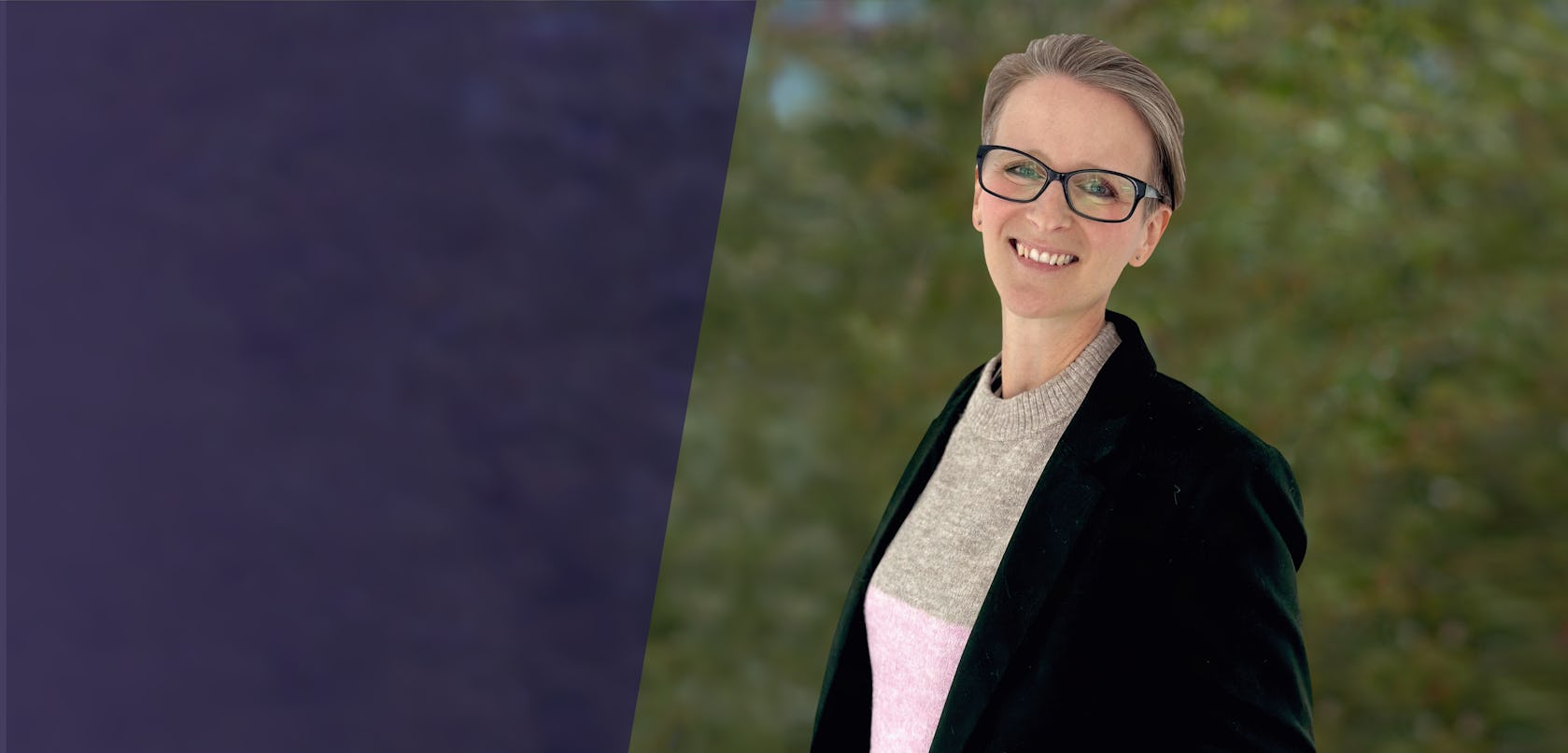 large image of richardson's chief product officer kate lewis against a forested background