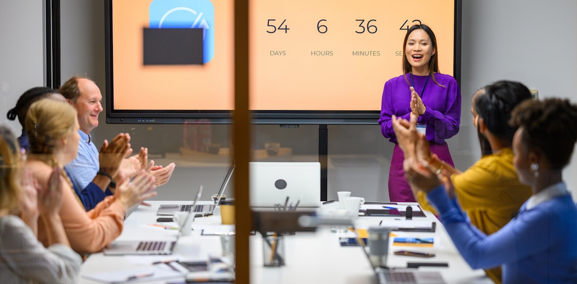a chief revenue officer leading a team meeting - discussing how to achieve revenue goals